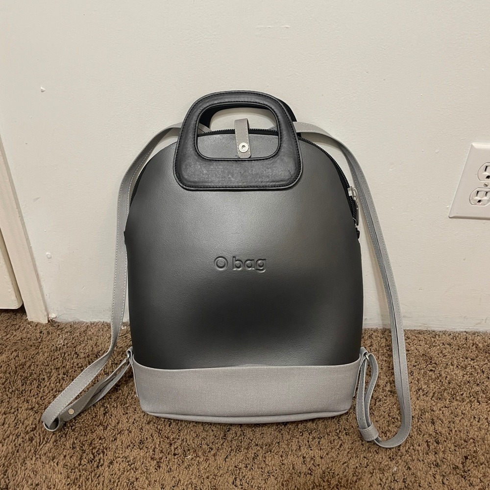 O bag Gray Faux Leather Backpack with Canvas Trim and Top Handle - Picture 6 of 6